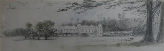 Mary Weatherill (fl.1858-1880), pencil and watercolour, view of Goodwood House 1899, 9 x 26cm